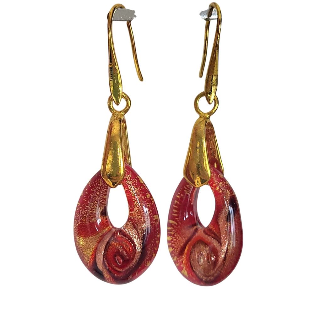 Murano Red Gold Glass Teardrop Pierced Earrings